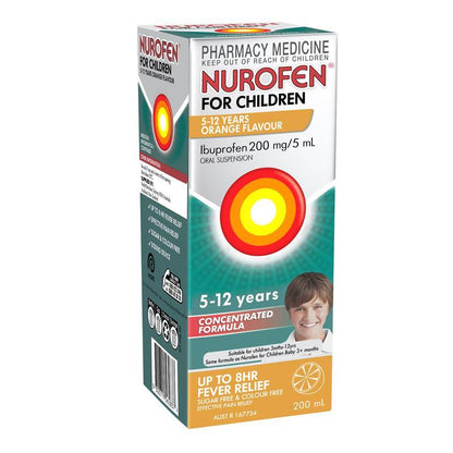Nurofen For Children 5-12yrs Pain and Fever Relief Concentrated Liquid 200mg/5mL Ibuprofen Orange 200mL