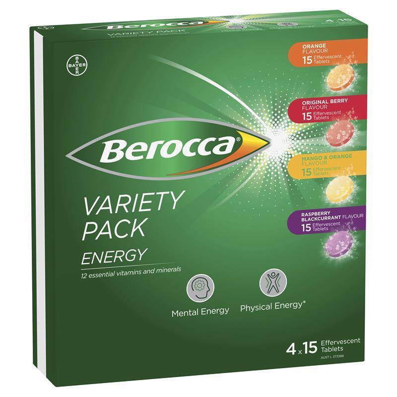 Berocca Energy Variety 60 Effervescent Tablets (4 x 15 Variety Pack) Exclusive Pack - GimmeNow