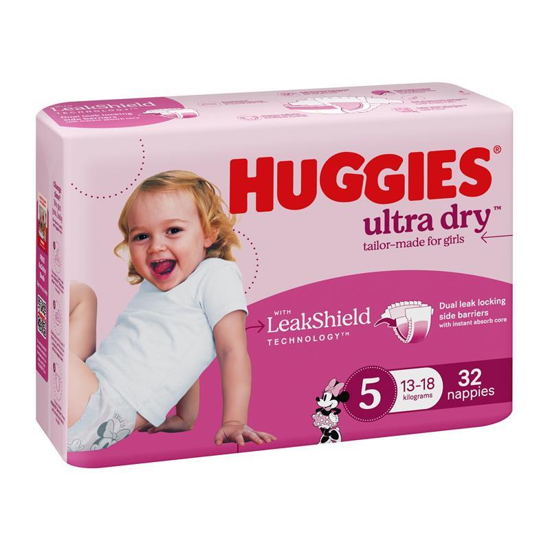 Huggies Ultra Dry Nappies Girls Size 5 (13-18kg) 32 Pack