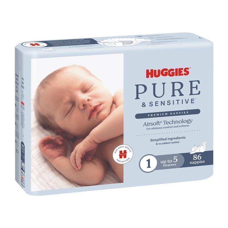 Huggies Pure and Sensitive Nappies Size 1 (Up To 5Kg)  86 Pack