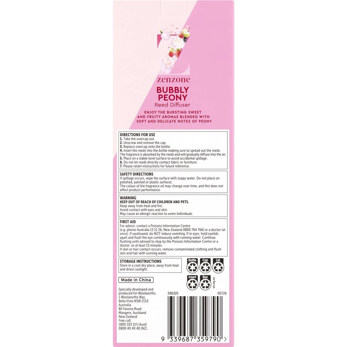 ZenZone Reed Diffuser Bubbly Peony 75mL