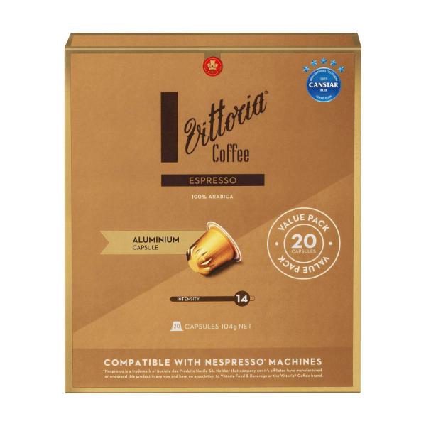 VITTORIA ESPRESSO NESPRESSO COMPATIBLE ALUMINIUM COFFEE CAPSULES 20 PACK