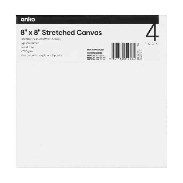 8" x 8" Stretch Canvas, 4 Pack - Anko