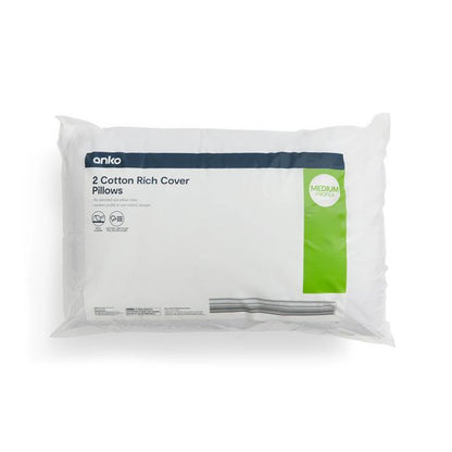 Medium Profile Cotton Rich Cover Pillows, 2 Pack - Anko