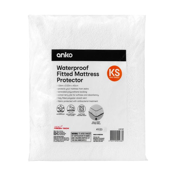 Waterproof Fitted Mattress Protector, King Single Bed - Anko