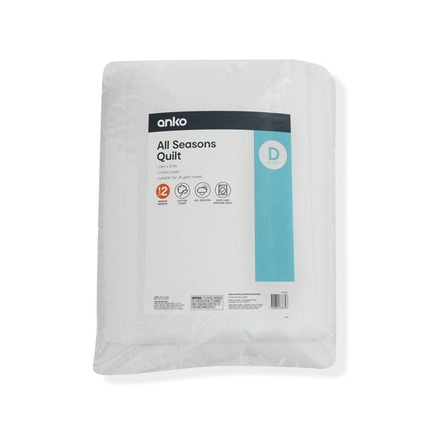 Medium Warmth All Seasons Quilt, Double Bed - Anko