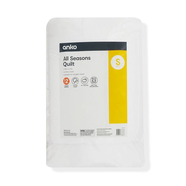 Medium Warmth All Seasons Quilt, Single Bed - Anko