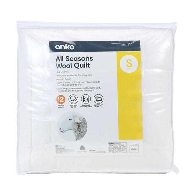 Medium Warmth All Seasons Wool Quilt, Single Bed - Anko