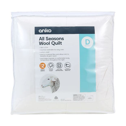 Medium Warmth All Seasons Wool Quilt, Double Bed - Anko