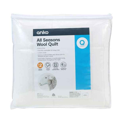 Medium Warmth All Seasons Wool Quilt, Queen Bed - Anko