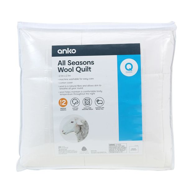 Medium Warmth All Seasons Wool Quilt, Queen Bed - Anko