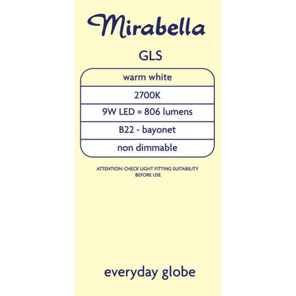 Mirabella GLS LED 9W B22 Bayonet Light Bulb - Pearl Warm White
