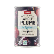 COLES WHOLE PURPLE PLUMS IN SYRUP 425G