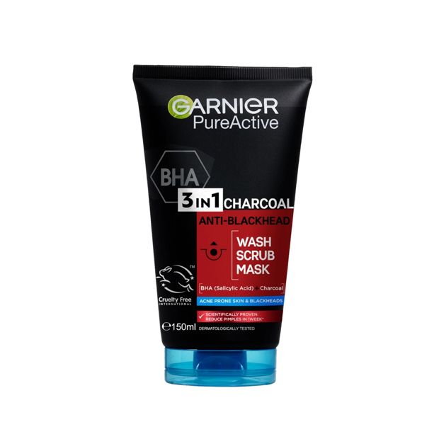 Garnier SkinActive PureActive Intensive 3-in-1 Anti-Blackhead Wash, Scrub and Mask 150ml - Charcoal