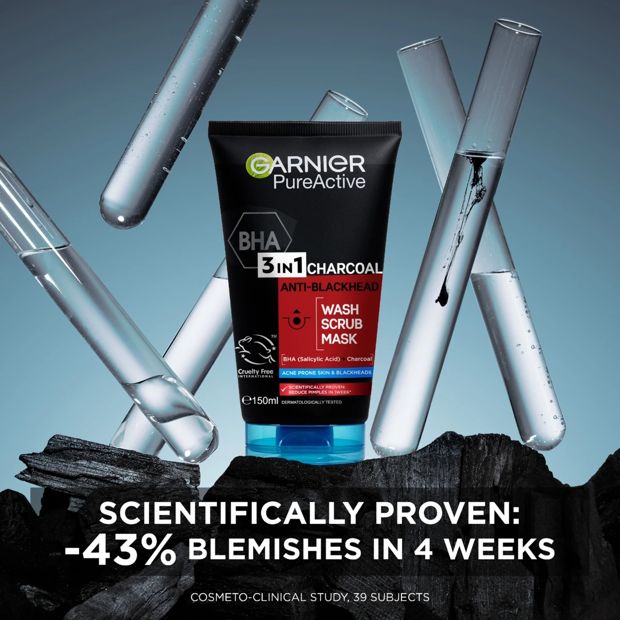 Garnier SkinActive PureActive Intensive 3-in-1 Anti-Blackhead Wash, Scrub and Mask 150ml - Charcoal