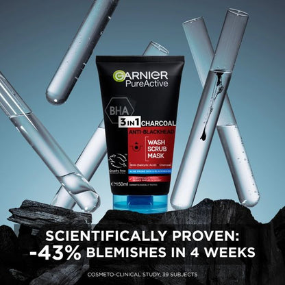 Garnier SkinActive PureActive Intensive 3-in-1 Anti-Blackhead Wash, Scrub and Mask 150ml - Charcoal