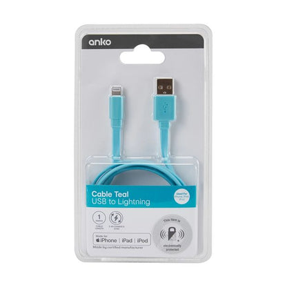 Lightning Cable, 1m Noodle Aqua - Anko