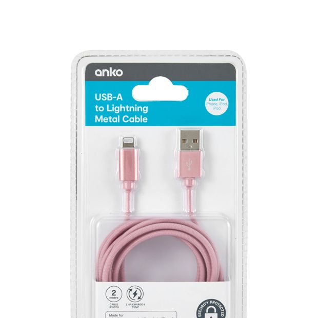 Lightning Cable, 2m Pink Rope - Anko