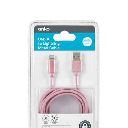 Lightning Cable, 2m Pink Rope - Anko