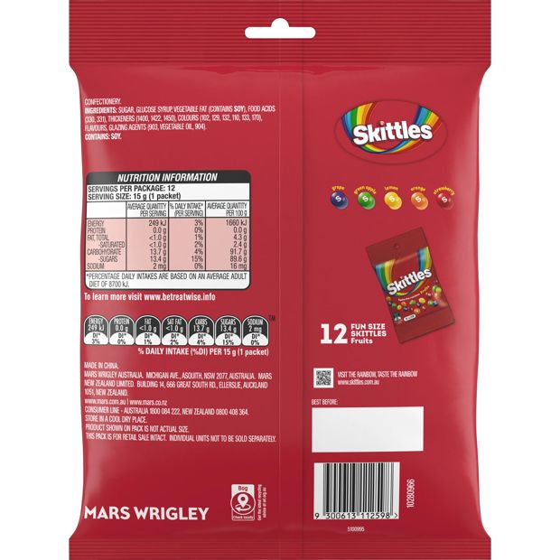 12 Pieces Skittles Fruits Chewy Lollies Party Share Bag 180g