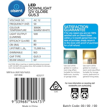 Olsent LED Downlight Globe Gu5.3 6.0W 500Lm Warm White 4 pack