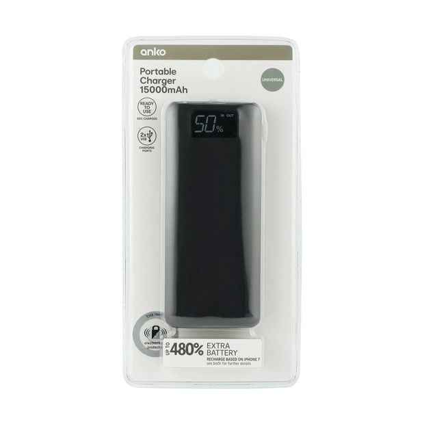Portable Charger Dual Port, 15,000mAh - Anko