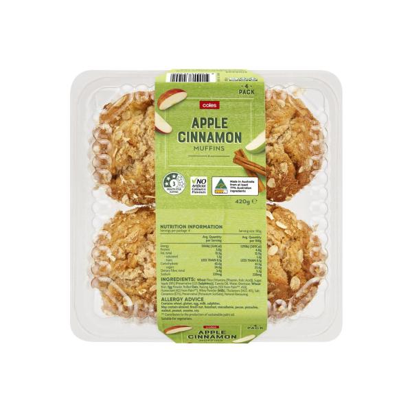 COLES APPLE & CINNAMON MUFFINS 4PK 420G