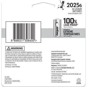 Energizer 2025 CR2025 Lithium Coin Battery 6 pack