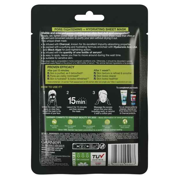 Garnier SkinActive Pure Charcoal Black Sheet Mask 28g - Black Algae, LHA & Hyaluronic Acid