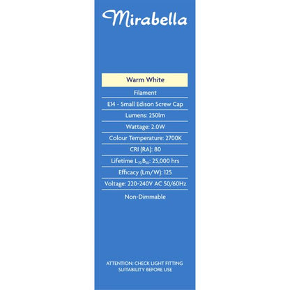 Mirabella Filament LED 2W E14 Small Edison Screw Light Bulb - Clear Warm White