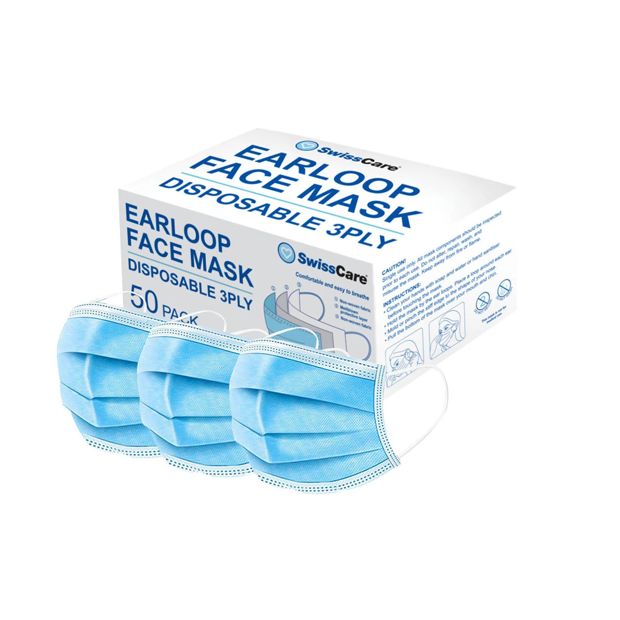 SwissCare Disposable 3 Ply Earloop Face Masks - 50 Pack