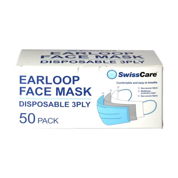 SwissCare Disposable 3 Ply Earloop Face Masks - 50 Pack