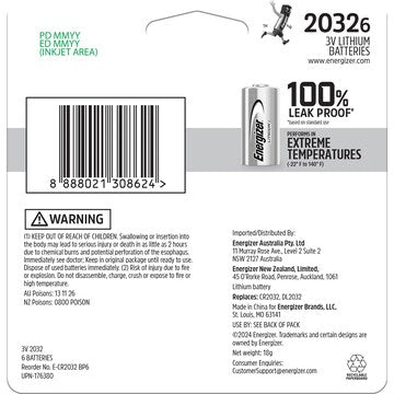 Energizer 2032 CR2032 Lithium Coin Battery 6 pack