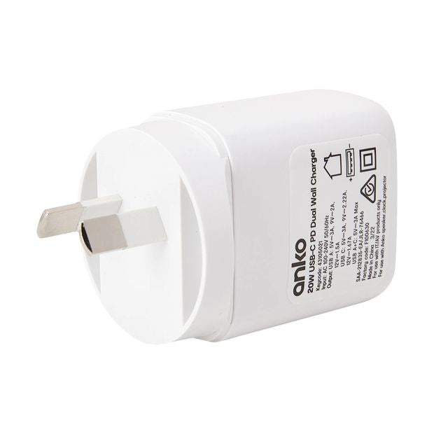 20W Wall Charger USB & USB-C - Anko