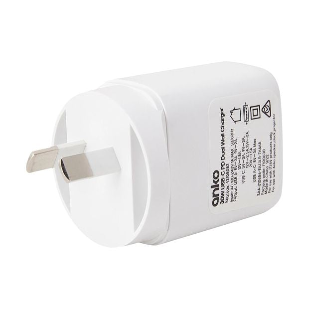 30W Wall Charger USB & USB-C - Anko