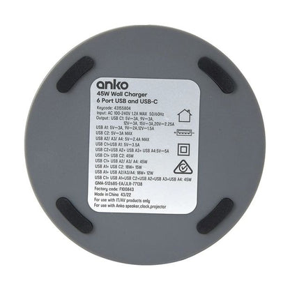 45W Wall Charger 6 Port USB and USB-C - Anko