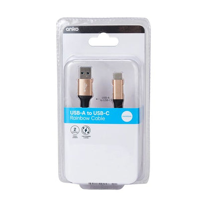 USB-A to USB-C Rainbow Cable, 2m - Anko