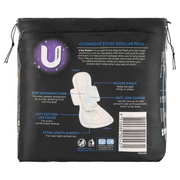 U by Kotex 10 Pack Extra Overnight Pads with Wings