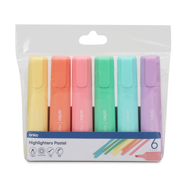 Pastel Highlighters, 6 Pack - Anko