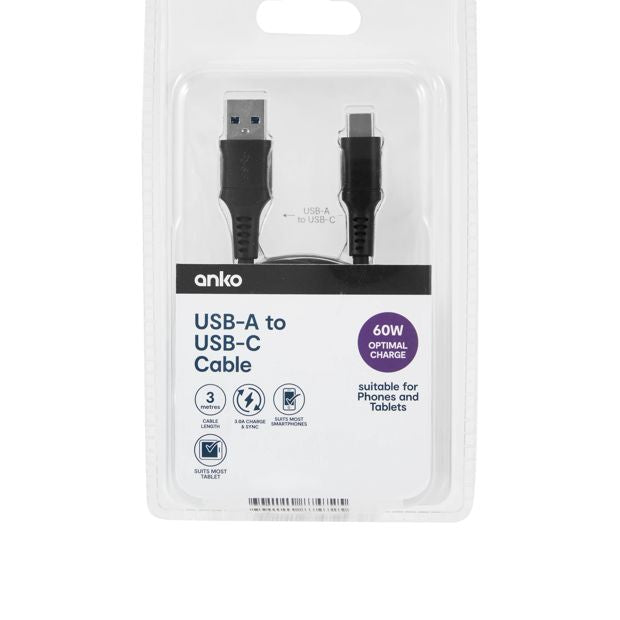 USB-A to USB-C Cable, 3m - Anko