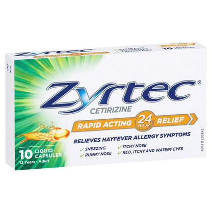 10 Pack Zyrtec Rapid Acting Hayfever Allergy Relief Antihistamine Liquid Capsules