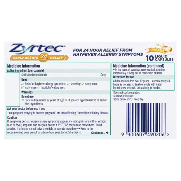 10 Pack Zyrtec Rapid Acting Hayfever Allergy Relief Antihistamine Liquid Capsules
