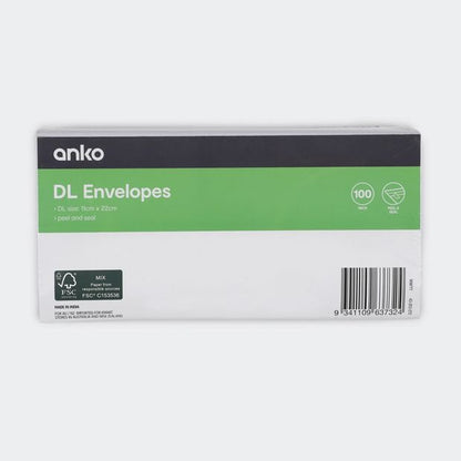 DL Peel and Seal Envelopes 100 Pack - Anko