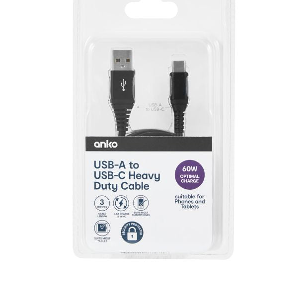USBC Heavy Duty Cable, 3m - Anko