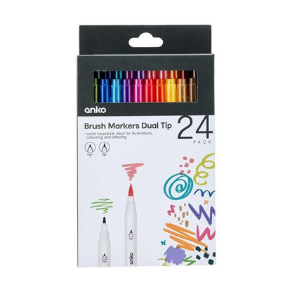 Dual Tip Brush Markers, 24 Pack - Anko