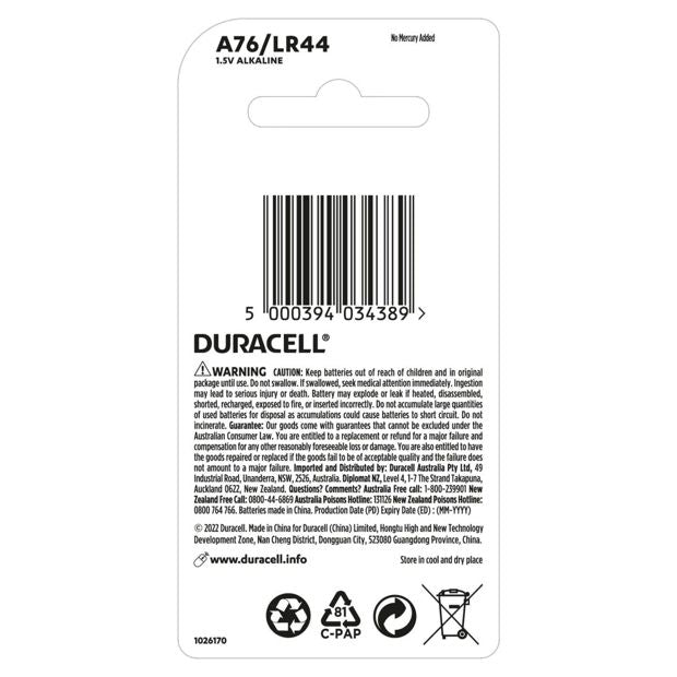 Duracell Specialty A76/ LR44 Alkaline Batteries - 2 Pack