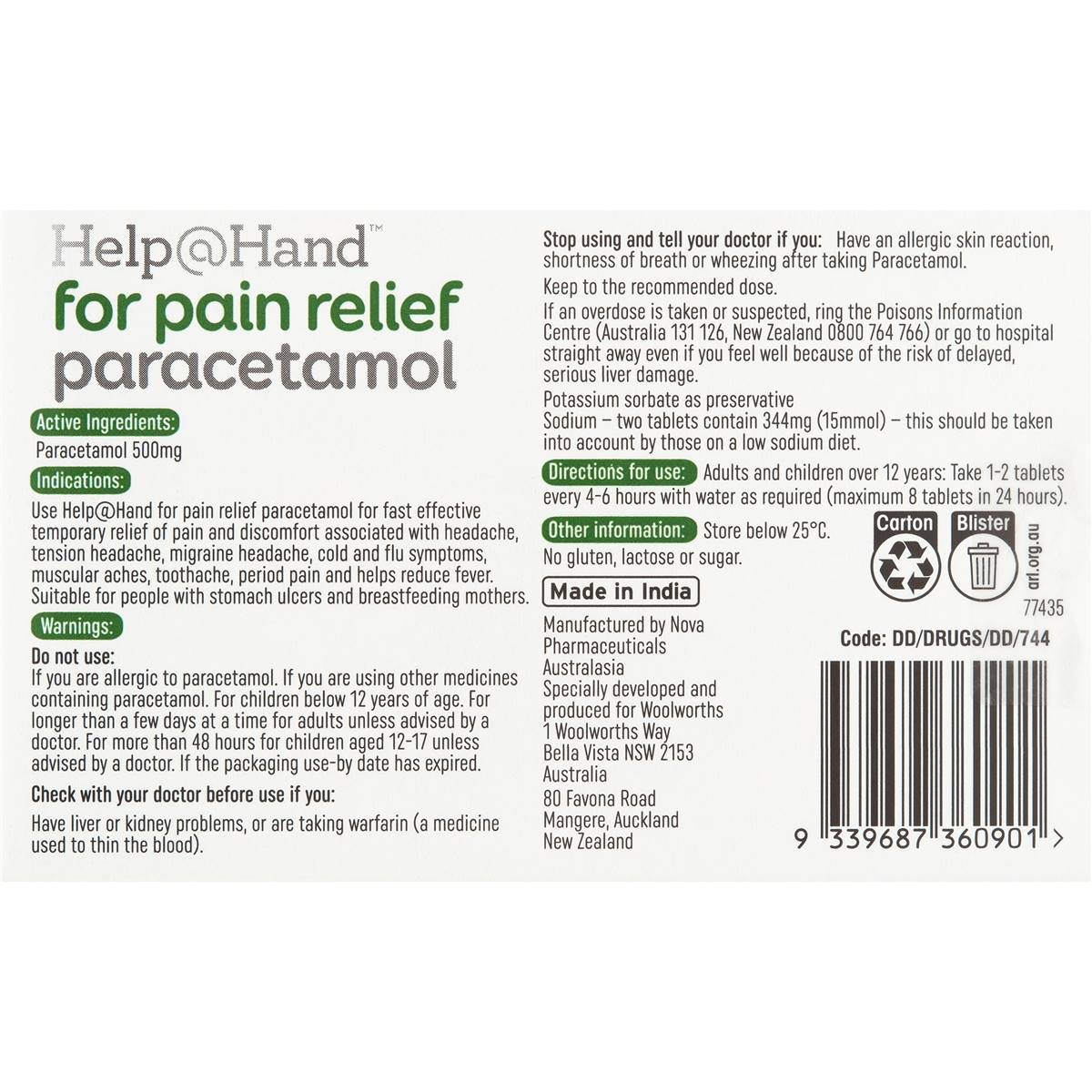 Help@Hand For Pain Relief Paracetamol 500mg Rapid Release Tablets 16 pack