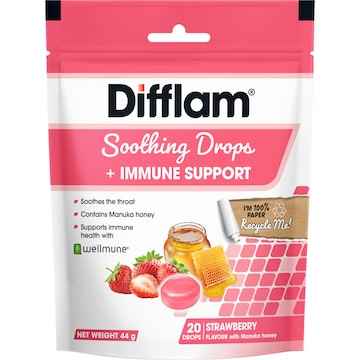 Difflam Soothing Drops + Immune Support Strawberry 20 pack
