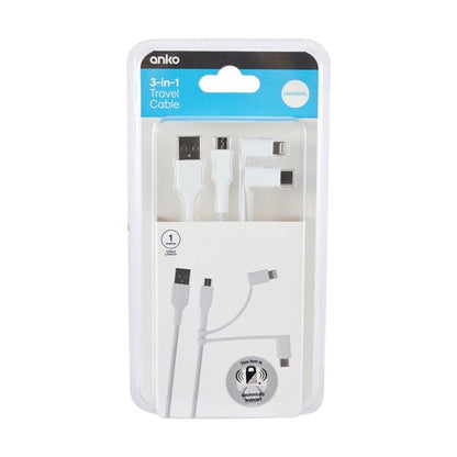 3-in-1 Travel Cable, White - Anko