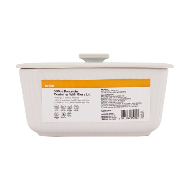 Porcelain Container with Glass Lid, 500ml  - Anko